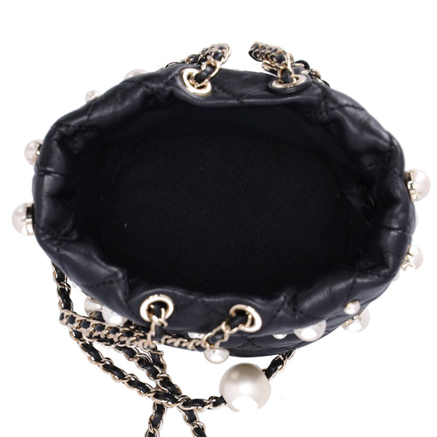 CHANEL About Pearls Drawstring Mini Bucket Bag Black Lambskin